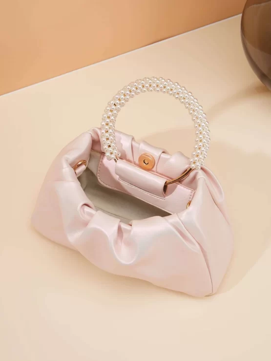 Faux Pearls Small Adjustable Decor Ruched Bag - Image 5