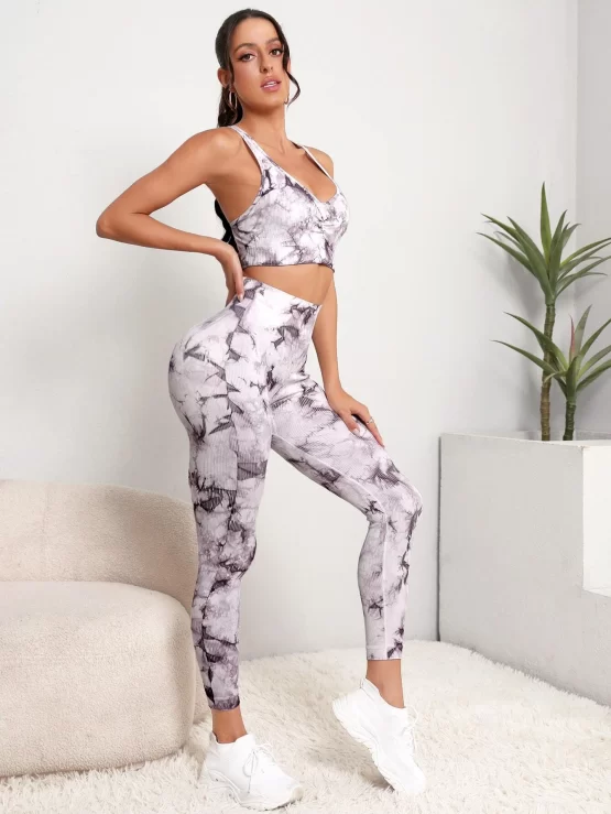 Tie Dye Criss Cross Back Tummy Control Sports Set - Image 3