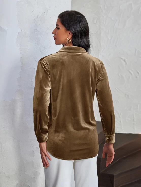 Collar Plain Party Button Front Velvet Shirt - Image 4