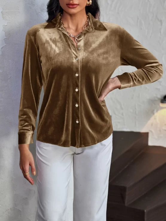 Collar Plain Party Button Front Velvet Shirt - Image 5