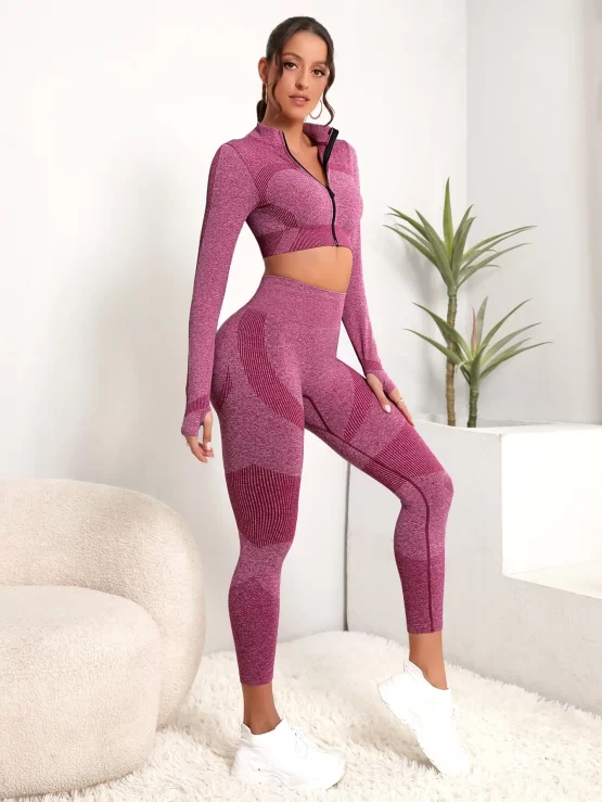 Seamless Zipper Thumb Holes Sports Set - Image 3