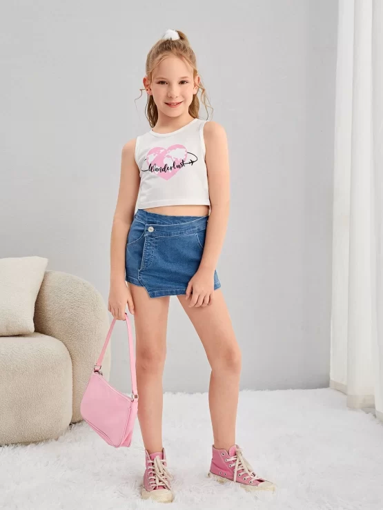 Girls Asymmetrical Pocket Hem Denim Skort - Image 2