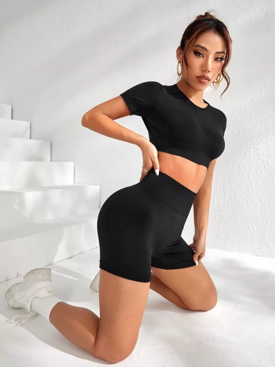 Cut Out Back Raglan Sleeve Scrunch Butt Wideband Waist Sports Set - Image 3