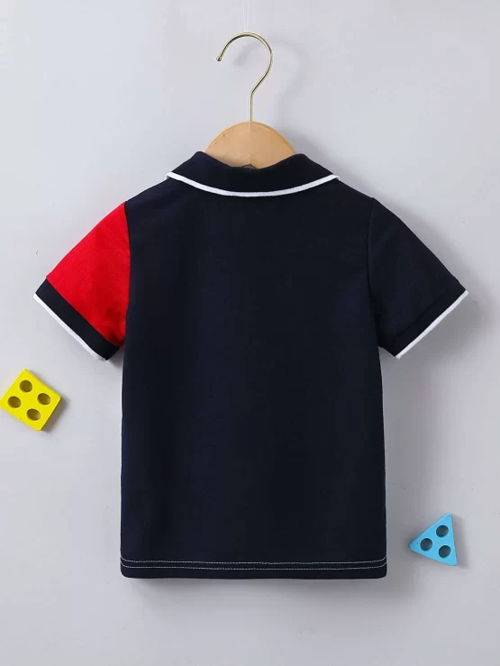 Toddler Boys Dinosaur Embroidery Color Block Polo Shirt - Image 3