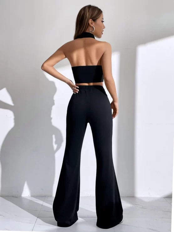 EZwear Button Front Lapel Neck Halter Top & Flare Leg Pants - Image 2