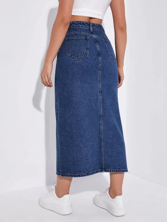High Waist Button Pocket Split Denim Skirt - Image 4