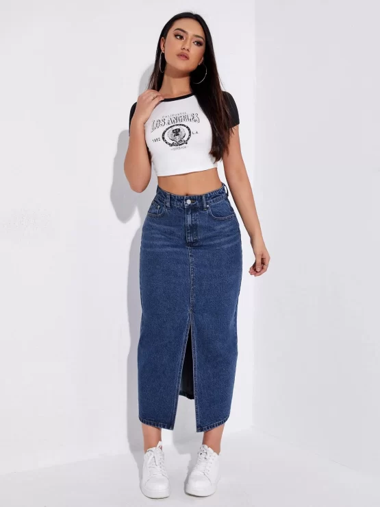 High Waist Button Pocket Split Denim Skirt - Image 5