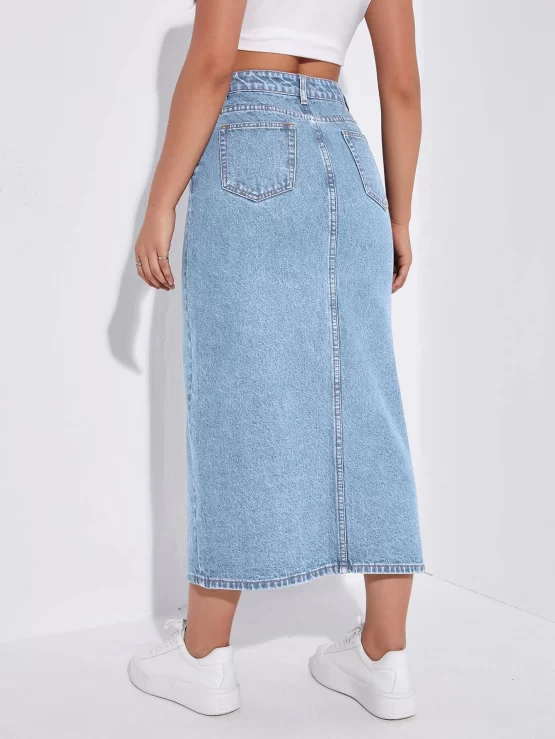High Waist Button Pocket Split Denim Skirt - Image 2