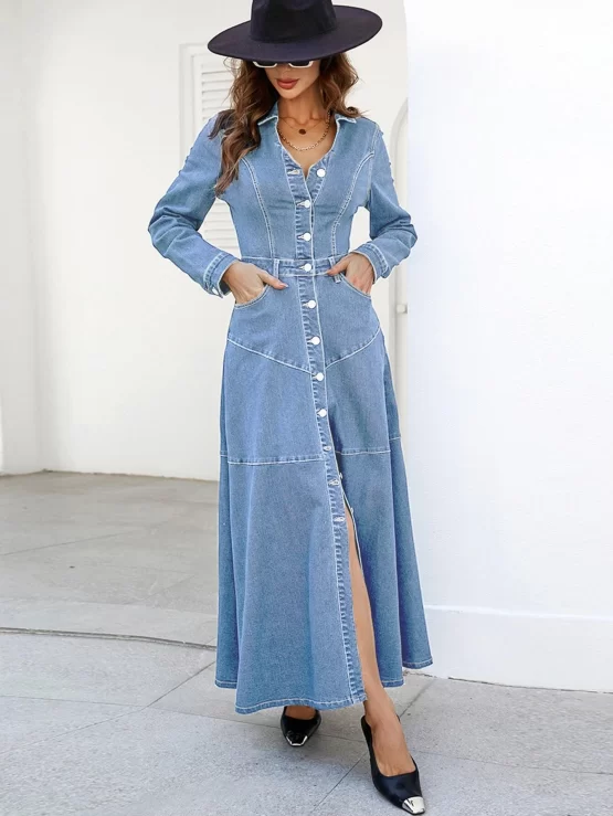 Pocket Button Collar Shirt Denim Front Dress - Image 3