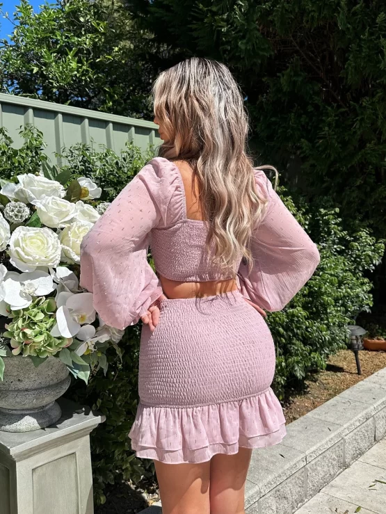 Swiss Dot Ruched Bust Flounce Sleeve Crop Top & Ruffle Hem Skirt - Image 2