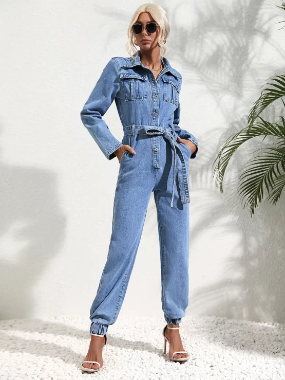 Flap Pocket Button Front Belted Denim Jumpsuit - Image 3
