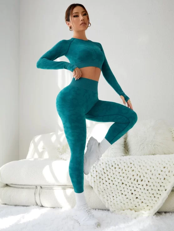 Seamless Plain Leggings Raglan Sleeve Sports Set - Image 2