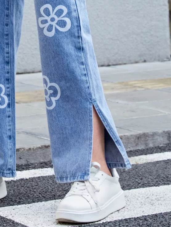 Teen Girls Floral Print Split Hem Flare Leg Jeans - Image 3
