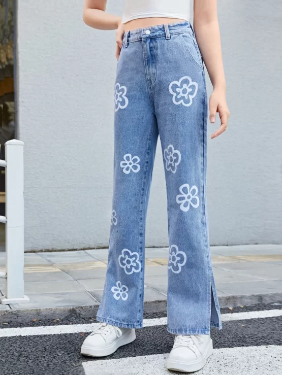 Teen Girls Floral Print Split Hem Flare Leg Jeans - Image 2