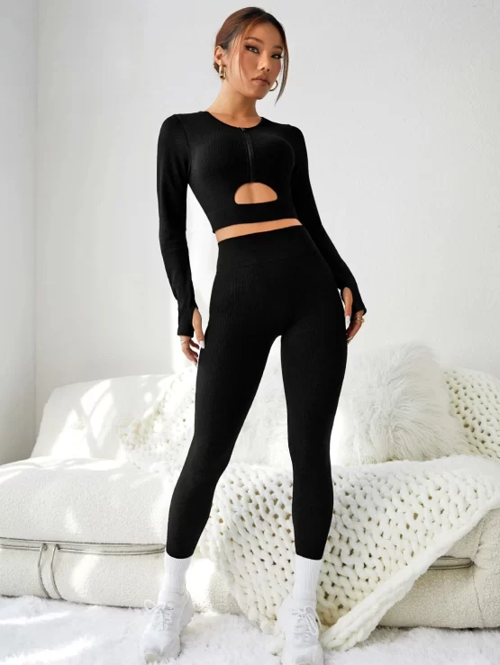 Cut Out Zipper Up Thumb Hole Sports Set - Image 2