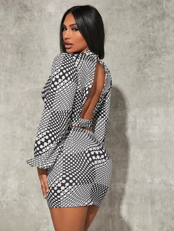 Polka Dot Print Mock Neck Crop Top & Bodycon Skirt - Image 2