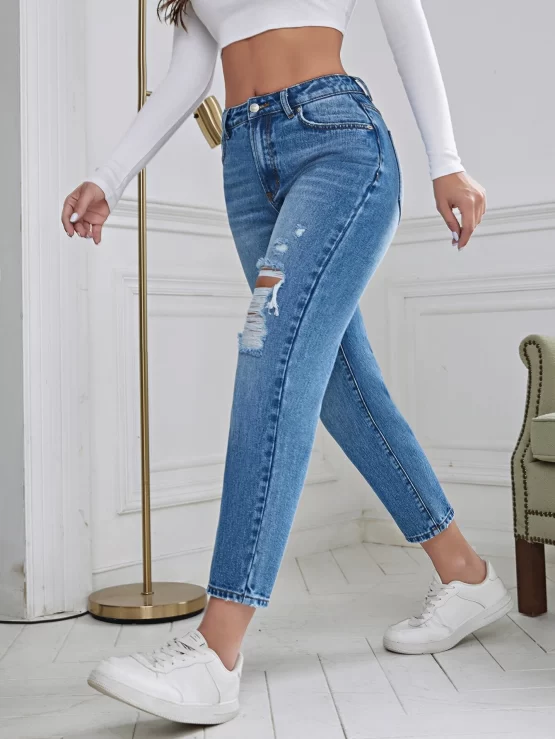 Pocket Zipper Fly Ripped Mom Fit Jeans - Image 2