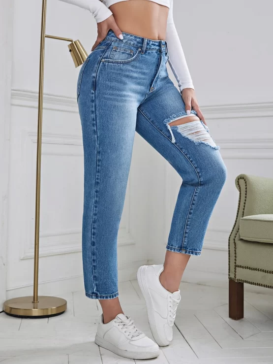 Pocket Zipper Fly Ripped Mom Fit Jeans - Image 3
