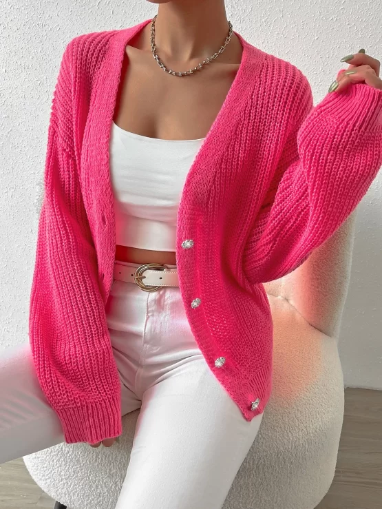Button Front Ribbed Knit Drop Shoulder Cardigan - Image 2