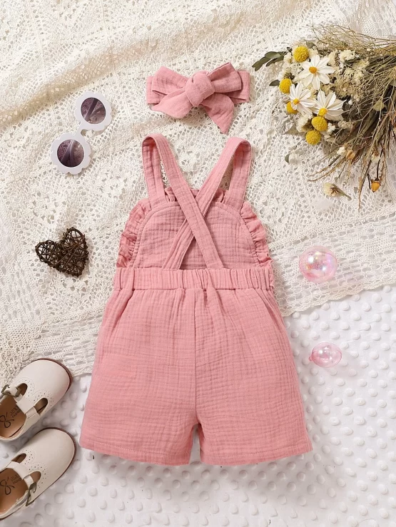 Baby Floral Embroidery Frill Trim Overall Romper With Headband - Image 2