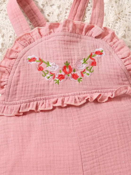 Baby Floral Embroidery Frill Trim Overall Romper With Headband - Image 3