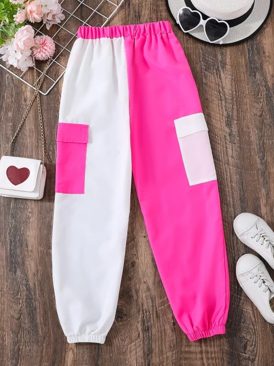 Girls Two Tone Color Block Flap Cargo Pocket Pants - Image 2
