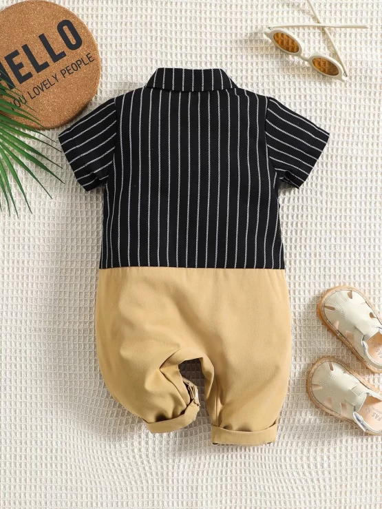 Baby Striped Bow Button 2 In 1 Front Jumpsuit - Image 2