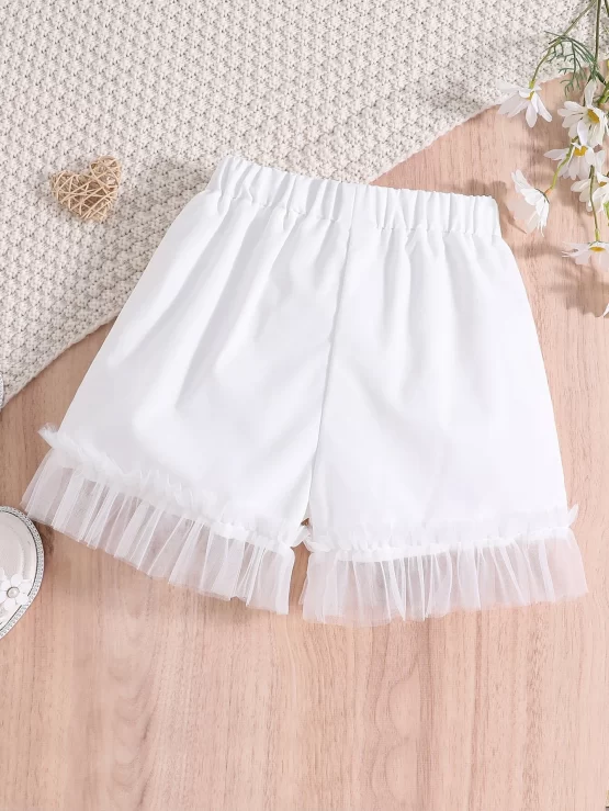 Girls Contrast Mesh Ruffle Hem Print Shorts - Image 2