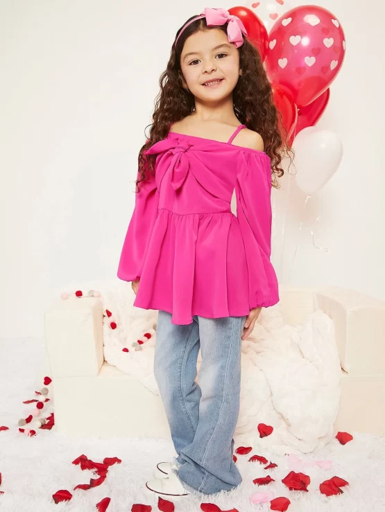 Girls Bow Lantern Sleeve Peplum Front Blouse - Image 3