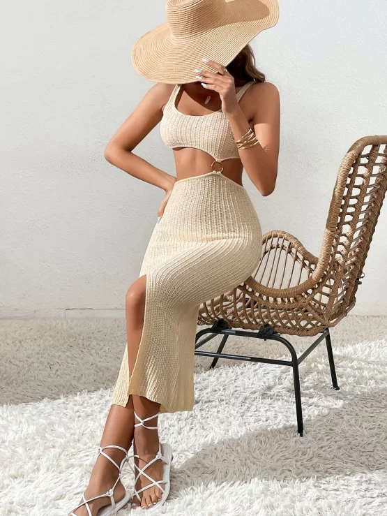 Cut Out O-ring Front Split Thigh Cami Sweater Dress - Image 2