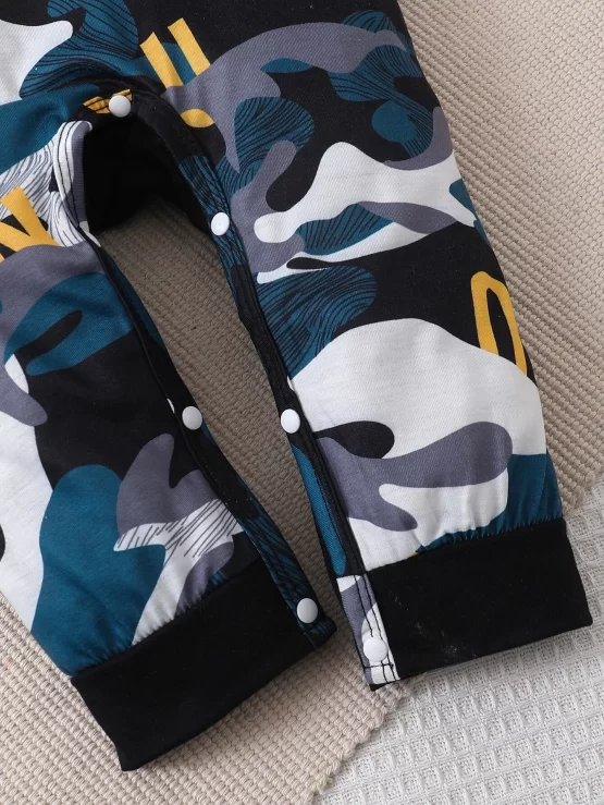 Baby Button Letter & Camo Print Jumpsuit - Image 3