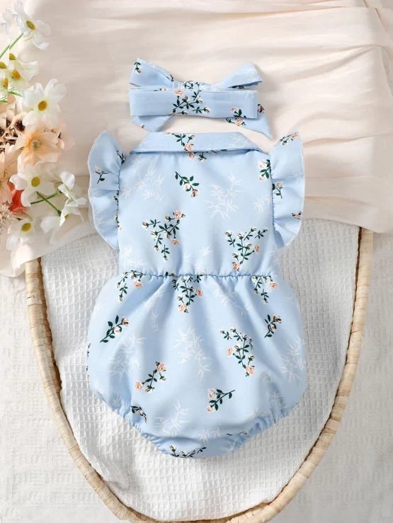 Baby Floral Print Ruffle Shirt Trim Bodysuit & Headband - Image 2