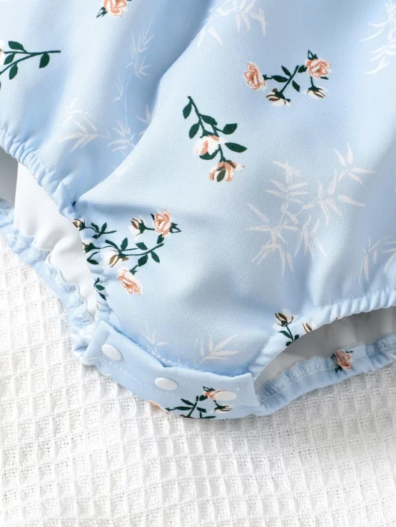 Baby Floral Print Ruffle Shirt Trim Bodysuit & Headband - Image 3