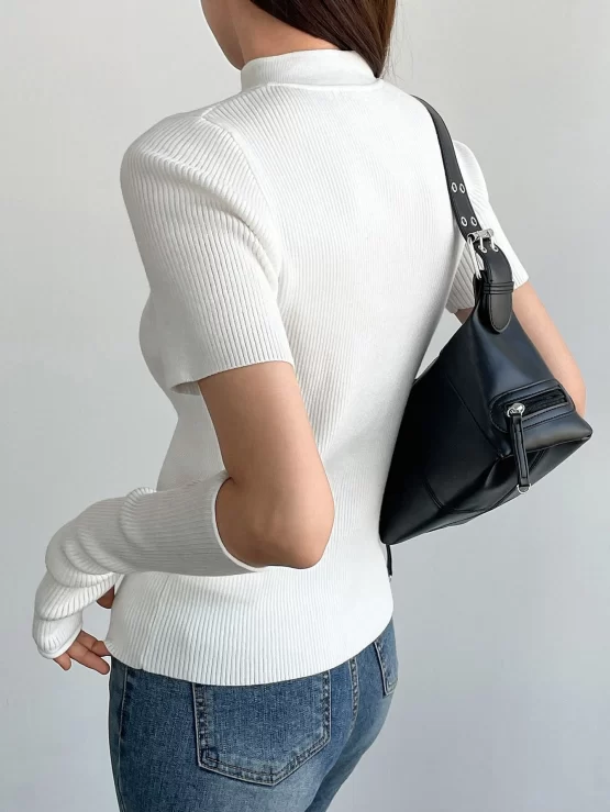 Dazy-Less Solid Mandarin Collar Ribbed Knit Top With Arm Sleeves - Image 2