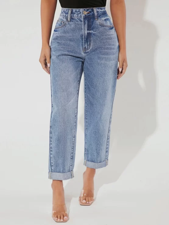 Slant Button Cropped Zipper Fly Pocket Jeans - Image 2