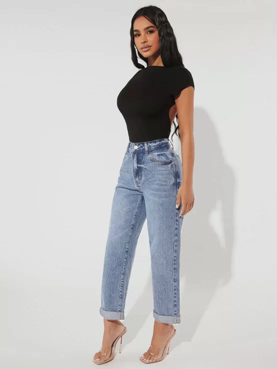 Slant Button Cropped Zipper Fly Pocket Jeans - Image 3