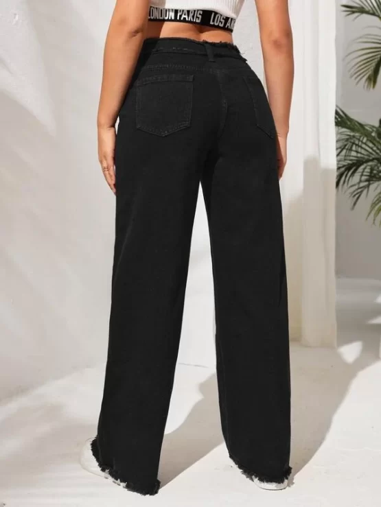 High Waist Button Frayed Trim Wide Leg Jeans - Image 4