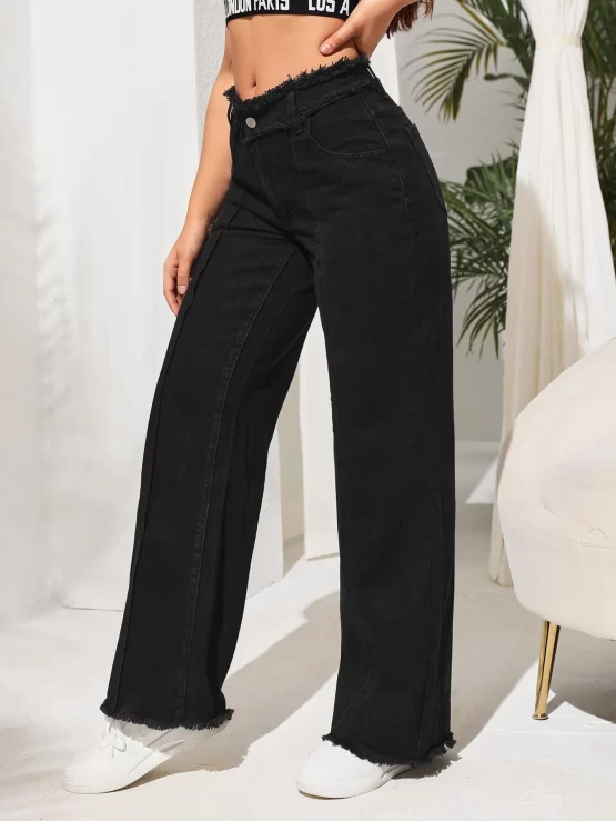 High Waist Button Frayed Trim Wide Leg Jeans - Image 5