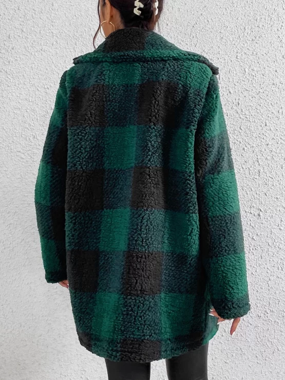 Unity Buffalo Plaid Pattern Lapel Neck Double Breasted Teddy Coat - Image 2