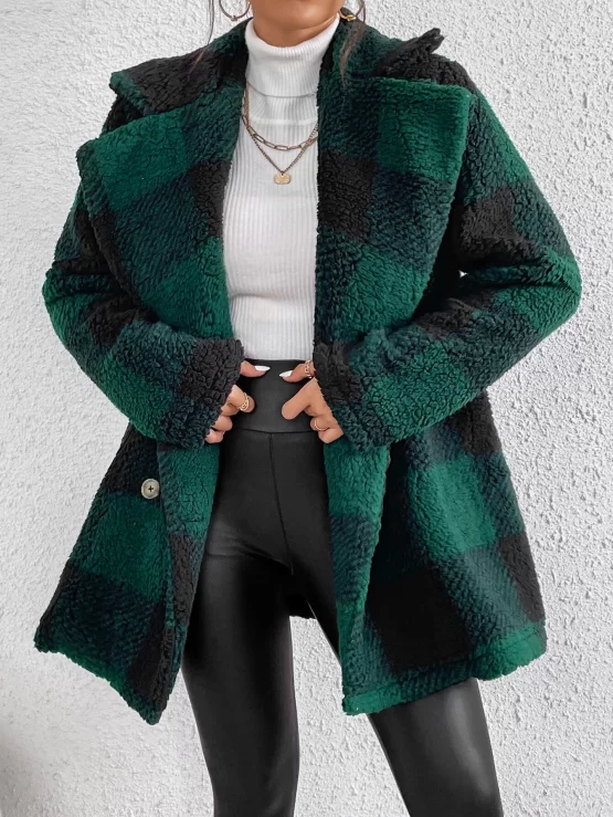 Unity Buffalo Plaid Pattern Lapel Neck Double Breasted Teddy Coat - Image 3