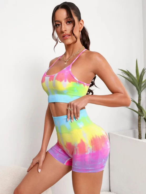 Tie Dye Criss Cross Backless Wide Waistband Sports Set - Image 3