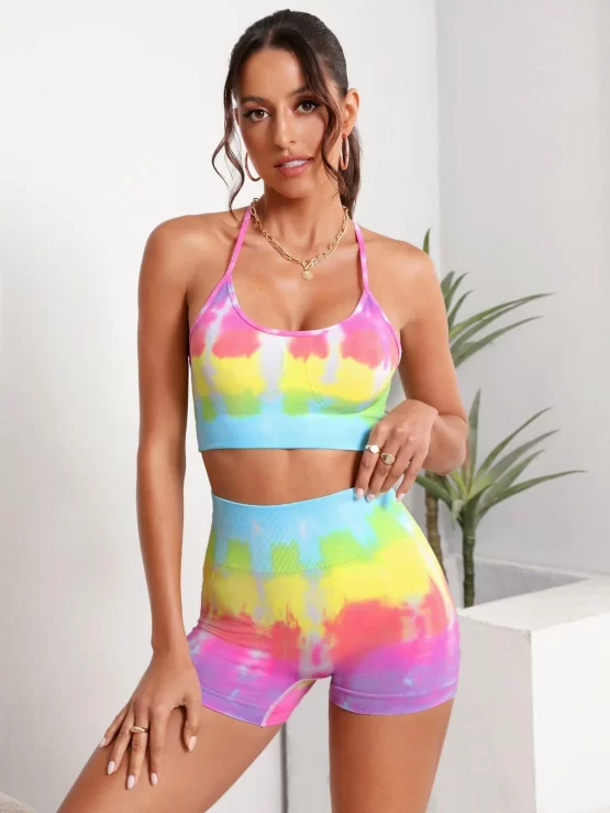 Tie Dye Criss Cross Backless Wide Waistband Sports Set - Image 2