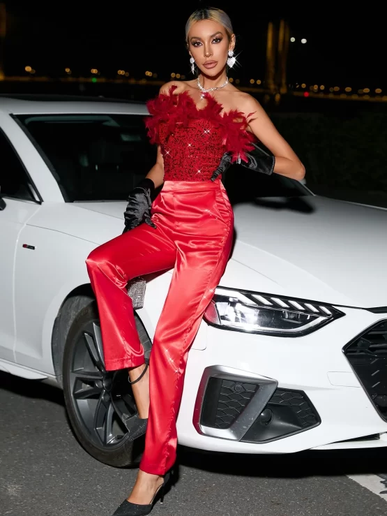 Fuzzy Trim Sequin Contrast Faux Fur Crop Top & Pants - Image 2