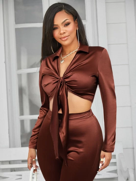 Knot Front Elegant Crop Satin Top & Pants - Image 2