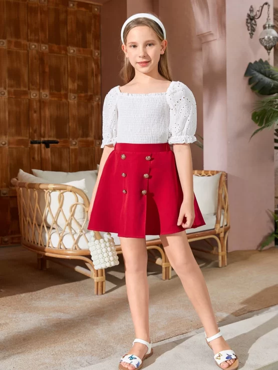 Girls Double Breasted Button Front Flare Detail Skirt - Image 2
