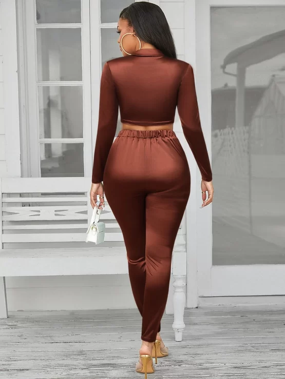 Knot Front Elegant Crop Satin Top & Pants - Image 3