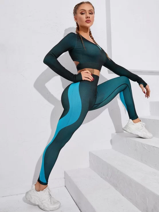 Color Block Backless Sports Tee & Leggings - Image 3