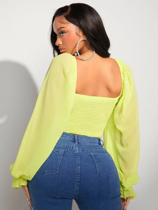 Sweetheart Neck Flounce Ruched Crop Sleeve Blouse - Image 2