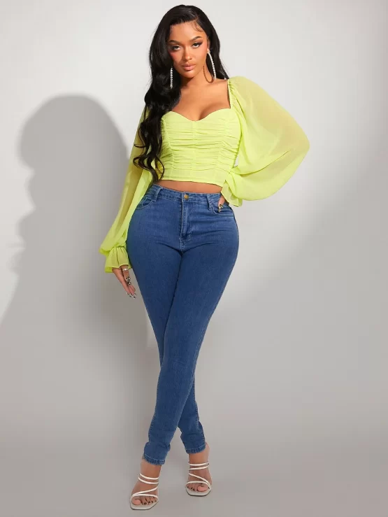 Sweetheart Neck Flounce Ruched Crop Sleeve Blouse - Image 3