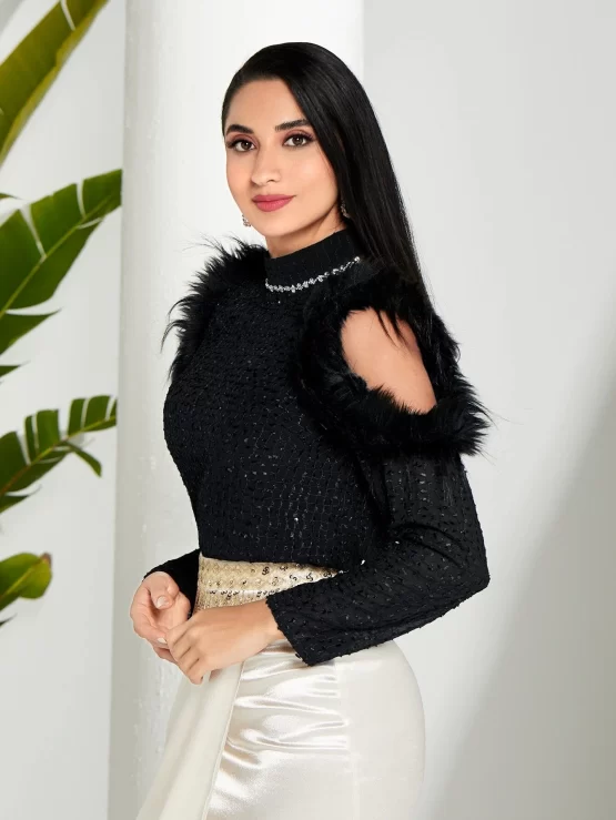 Modely Rhinestone Neckline Fuzzy Trim Cold Shoulder Top - Image 3